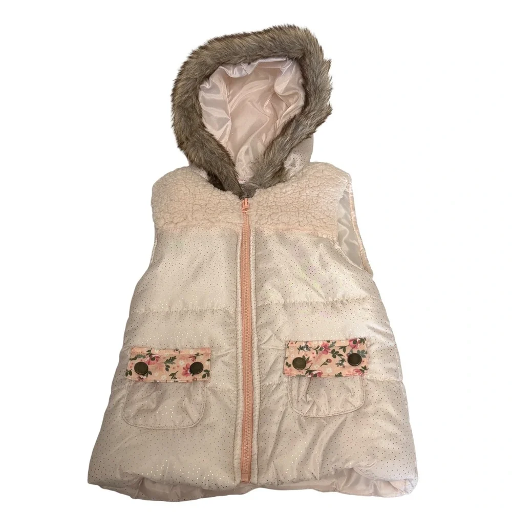 Little Lass Kids 4T Pink Cream Puffer Vest Gold Polka Dot Faux Fur Hood Floral